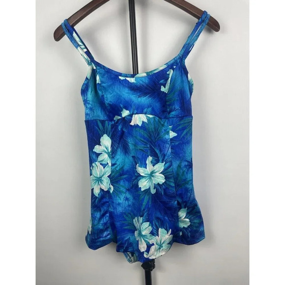 Vintage MAINSTREAM Blue Tropical Floral One Piece Swimsuit Dress Size 10 - Picture 1 of 10
